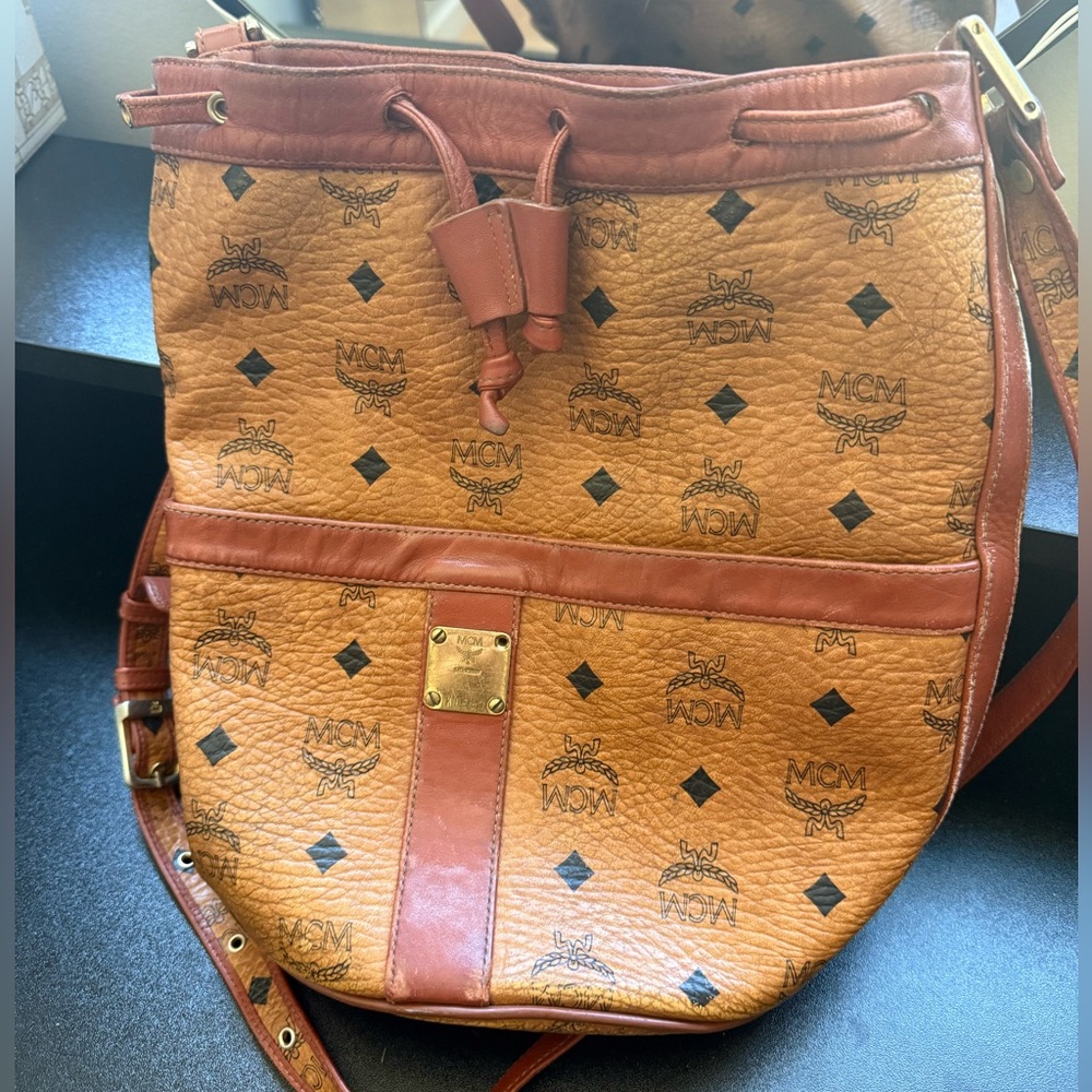 MCM Tan and Brown Logo VINTAGE Drawstring Bag